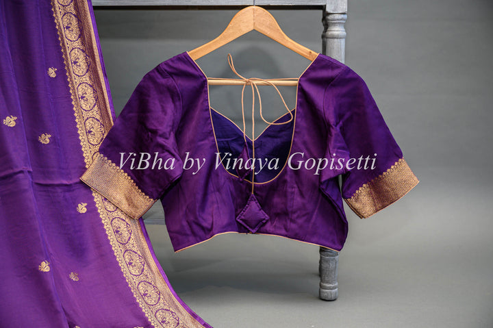 Purple Benares Silk Saree And Blouse With Gold Zari Motifs And Borders.