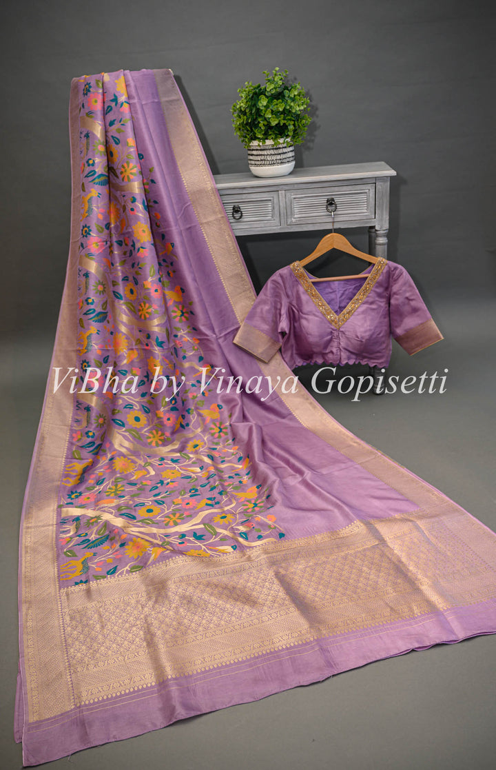 Lavender Benares Paithani Silk Saree And Blouse