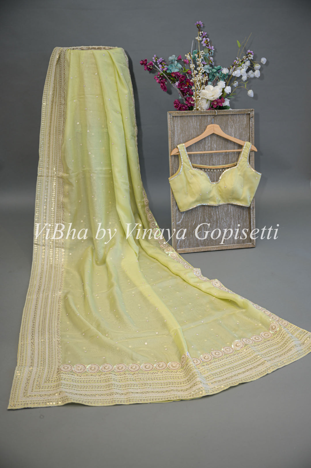 Pastel Green Soft Organza Embroidered Saree And Blouse