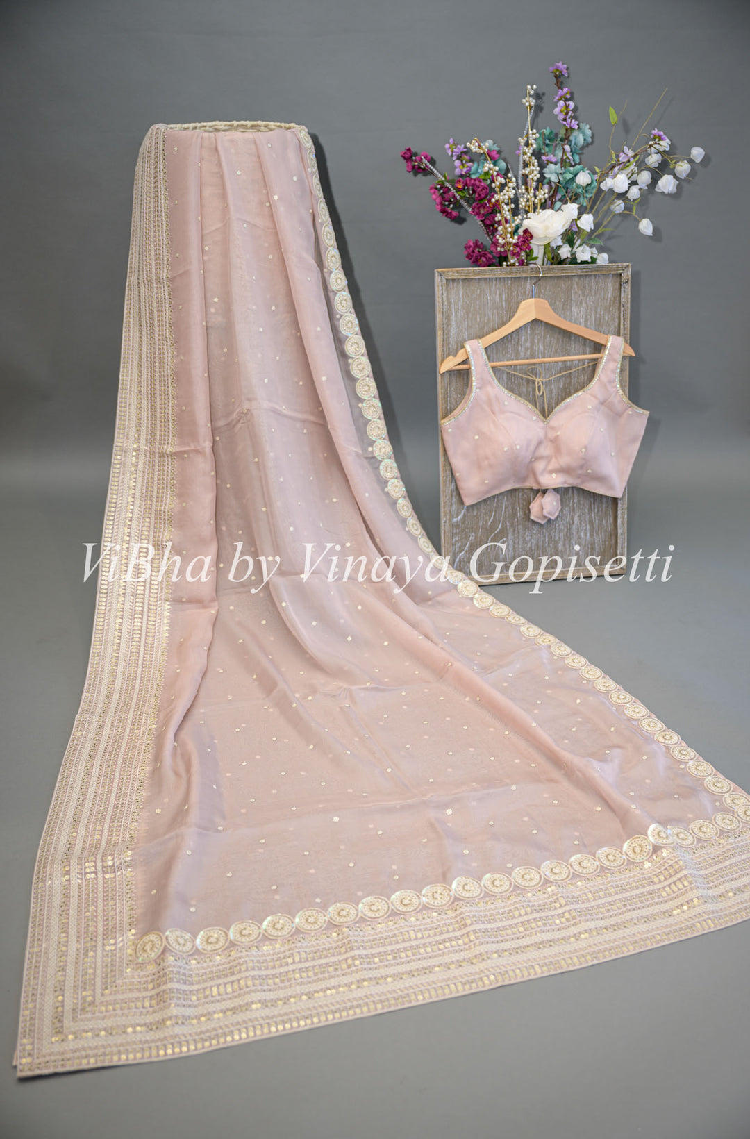 Pastel Mauve Soft Organza Embroidered Saree And Blouse