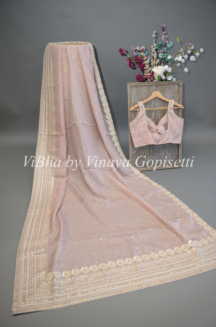 Pastel Mauve Soft Organza Embroidered Saree And Blouse