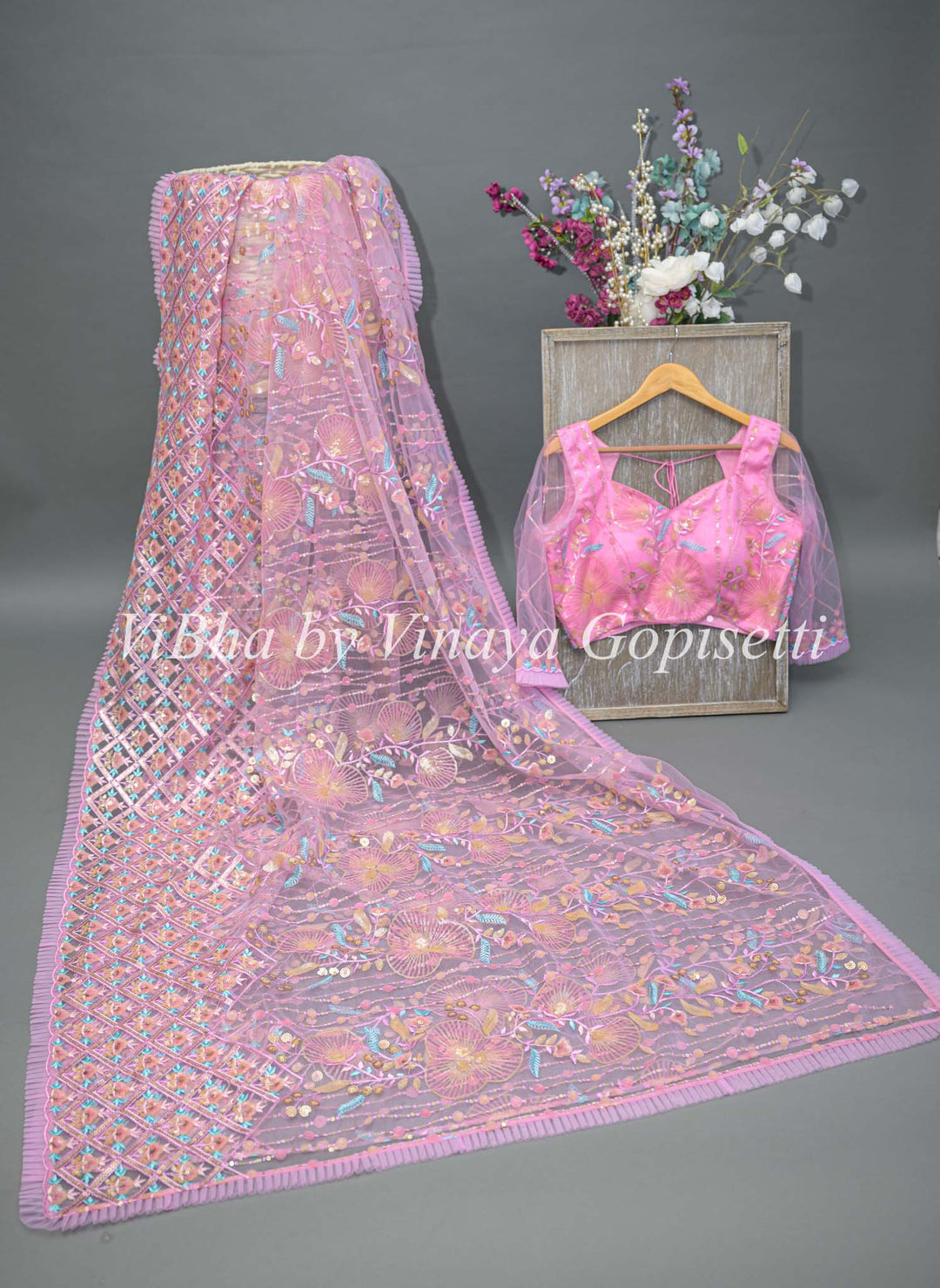 Pink Net Embroidered Saree And Blouse