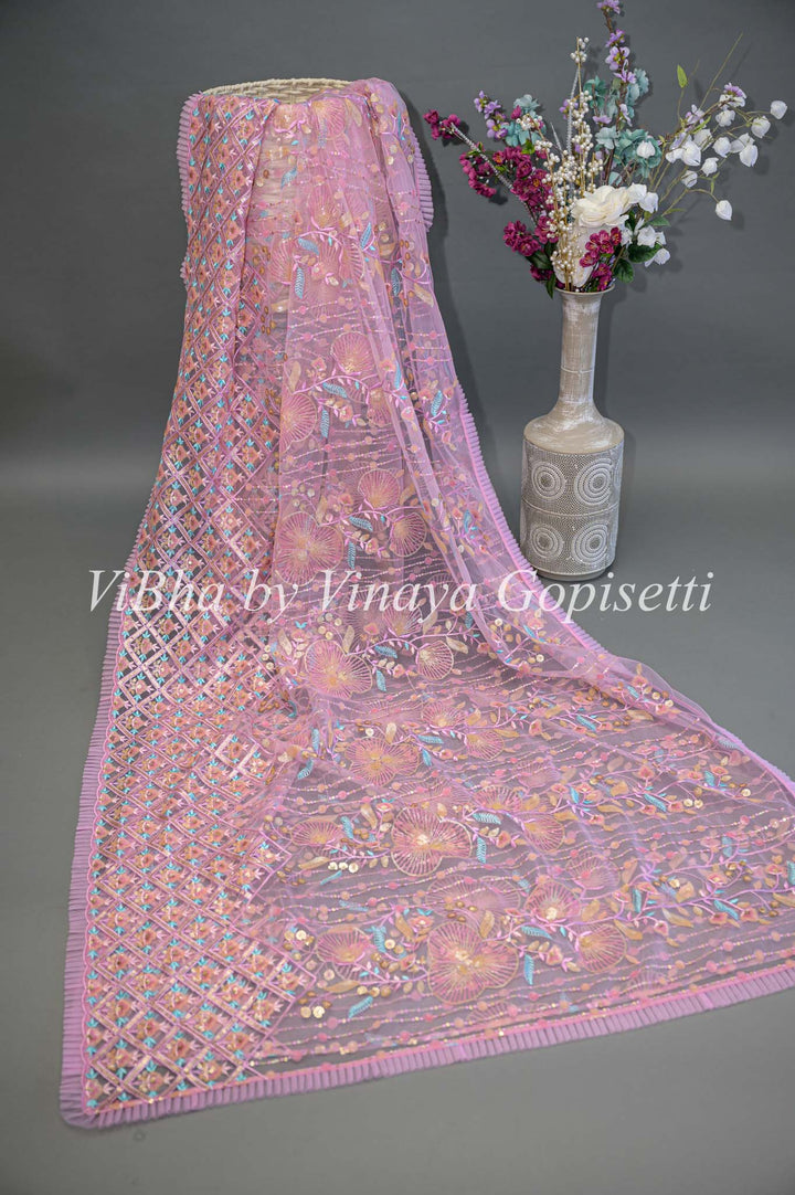 Pink Net Embroidered Saree And Blouse