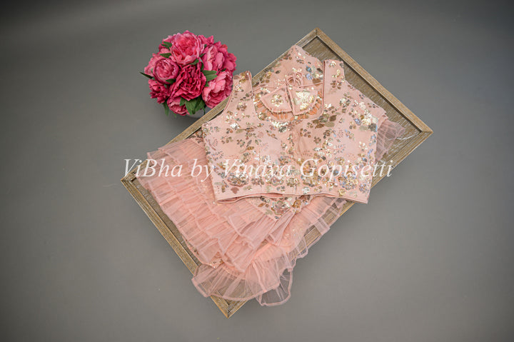 Pastel Peach Georgette Sequins Ruffle Border Saree And Blouse