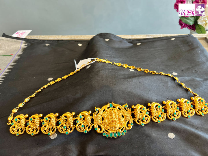 All Gold and Emerald Stone Floral Design Waistbelt with Lakshmi Motif