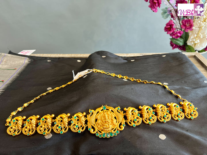 All Gold and Emerald Stone Floral Design Waistbelt with Lakshmi Motif