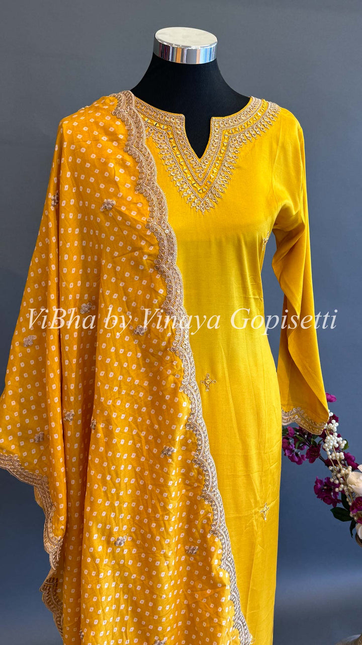 Mustard Yellow Embroidered Yoke Salwar Set With Bandhani Dupatta