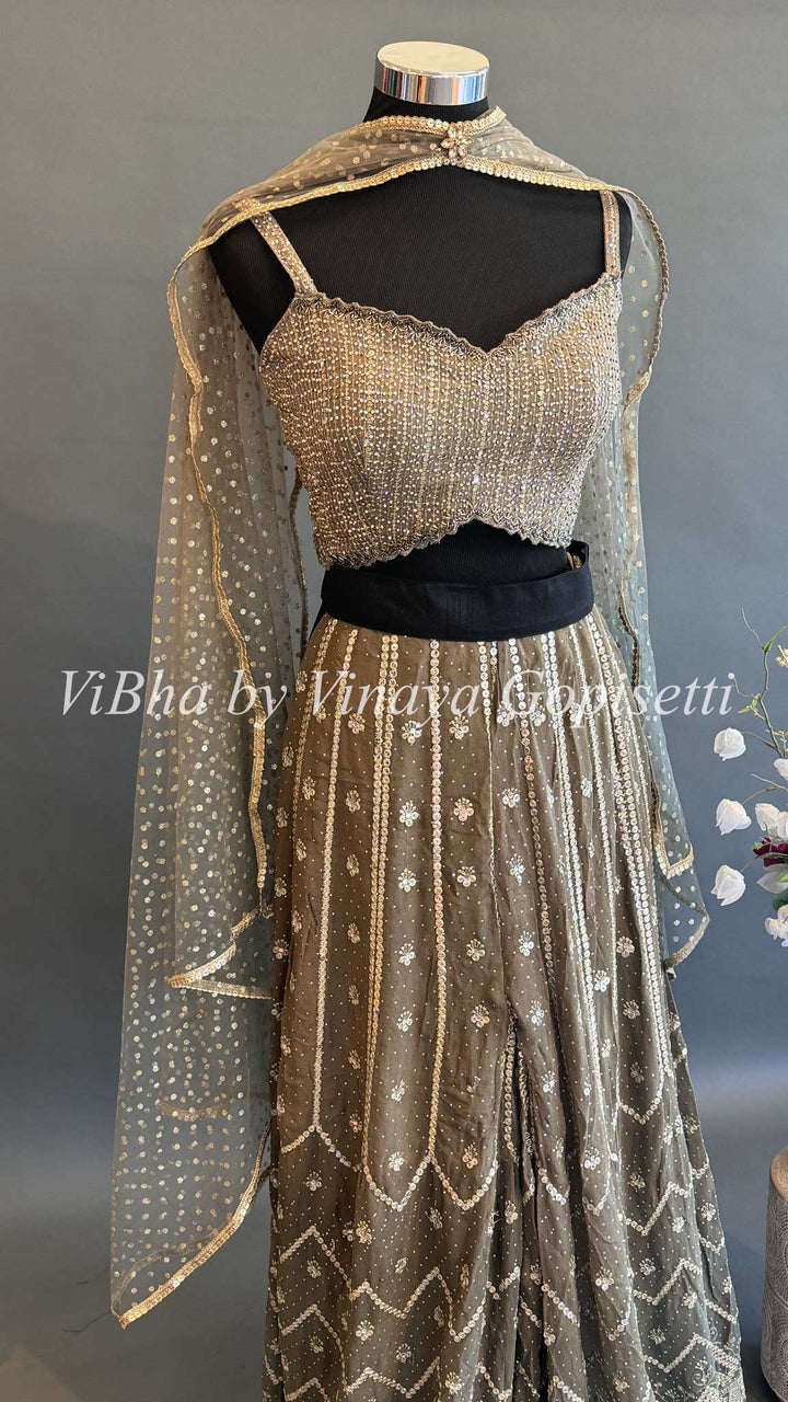 Olive color Sequins Embroidered Palazzo with Crop Top and Choker Dupatta