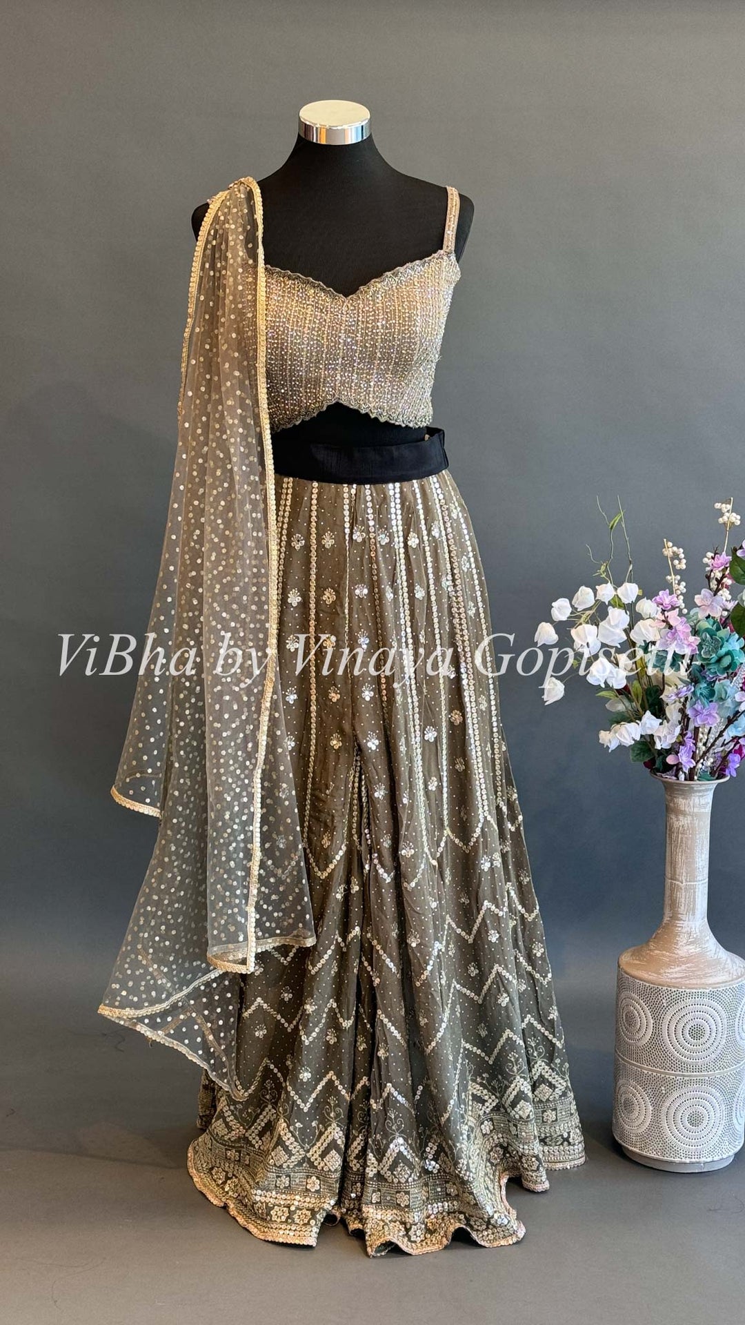 Olive color Sequins Embroidered Palazzo with Crop Top and Choker Dupatta