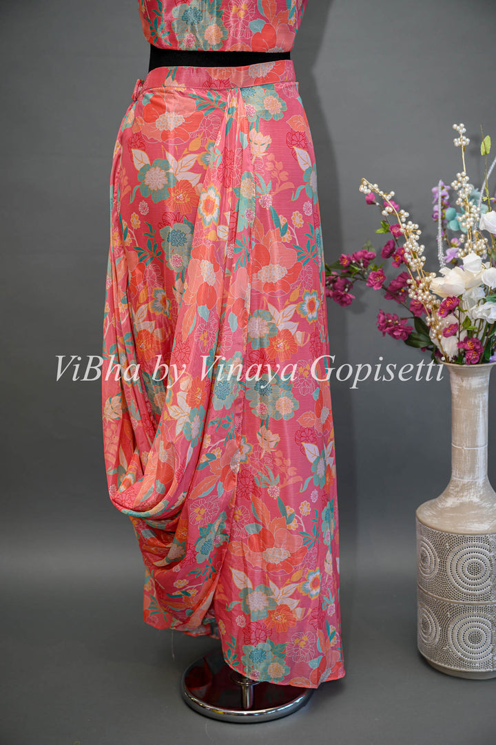 Dark Peach Pink Multi Floral Print Cowl Skirt With Detachable Cape