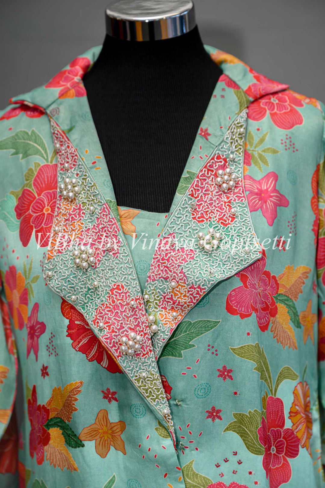 Floral Print Cord Set with embellished collar