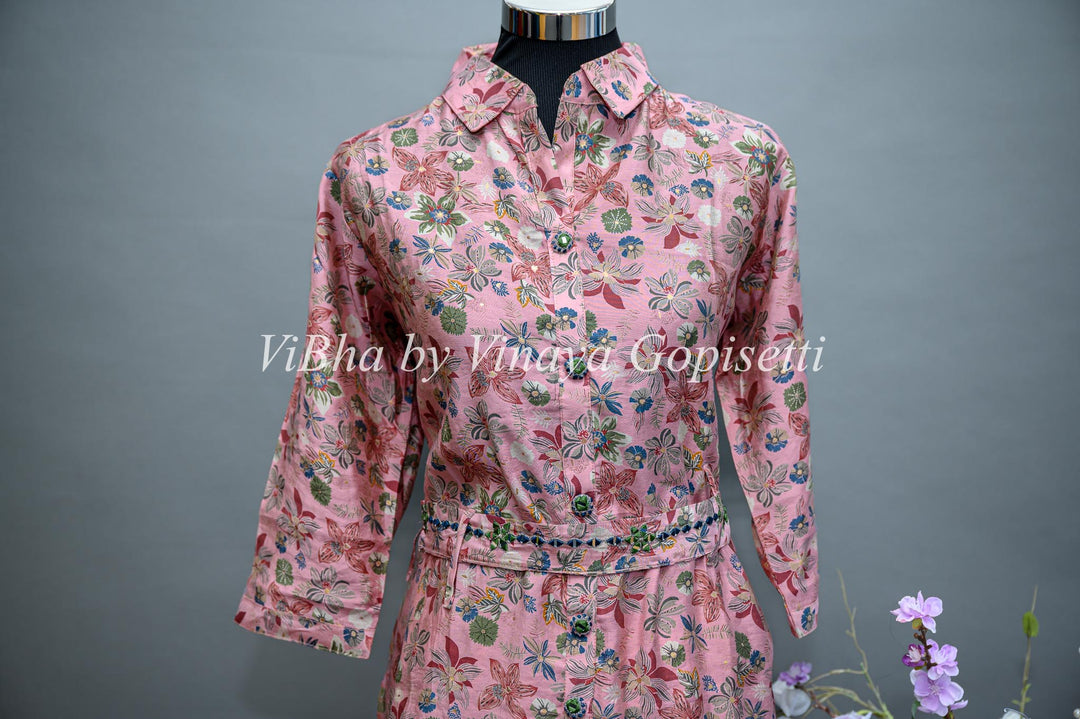 Pink FLoral Cord Set wIth Embroidered Belt