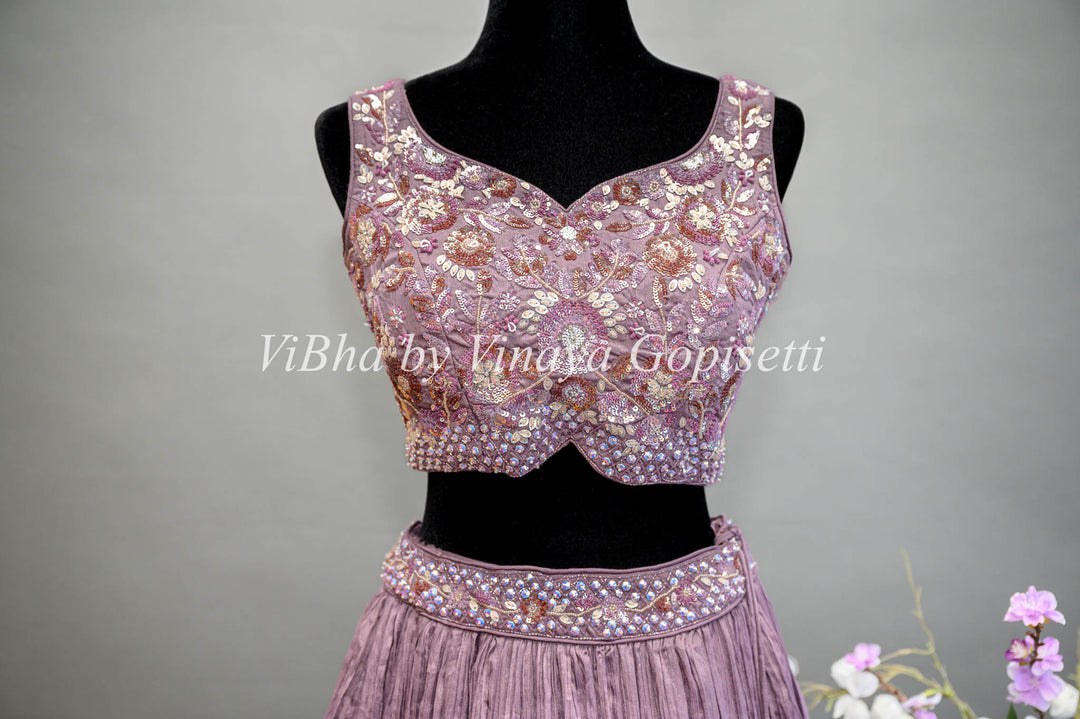 Light Purple Crushed Lehenga with Embroidered blouse and net dupatta