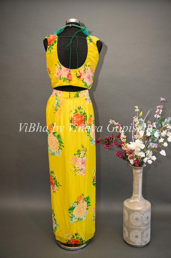 Yellow Floral Cowl Skirt with Cape and Frilled Stole
