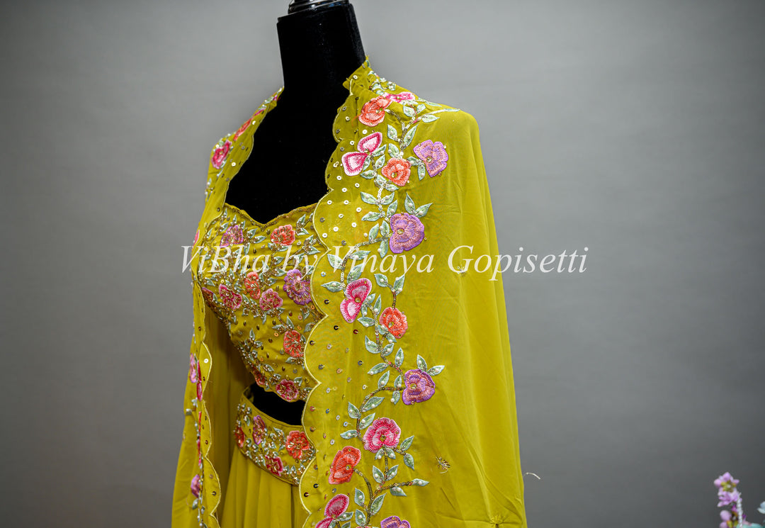 Citrus Green Lehenga with Embroidered Blouse and detachable Cape