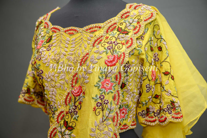 Yellow Lehenga with Embroidered Blouse and Detachable Drape Saree Dupatta