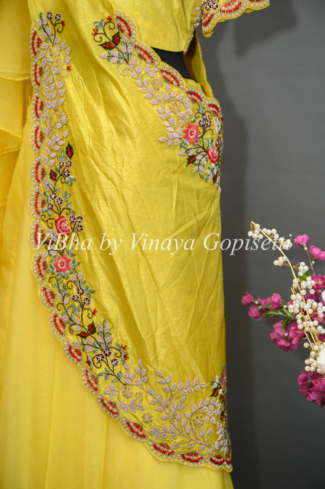 Yellow Lehenga with Embroidered Blouse and Detachable Drape Saree Dupatta