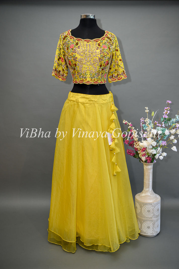 Yellow Lehenga with Embroidered Blouse and Detachable Draped Saree Dupatta