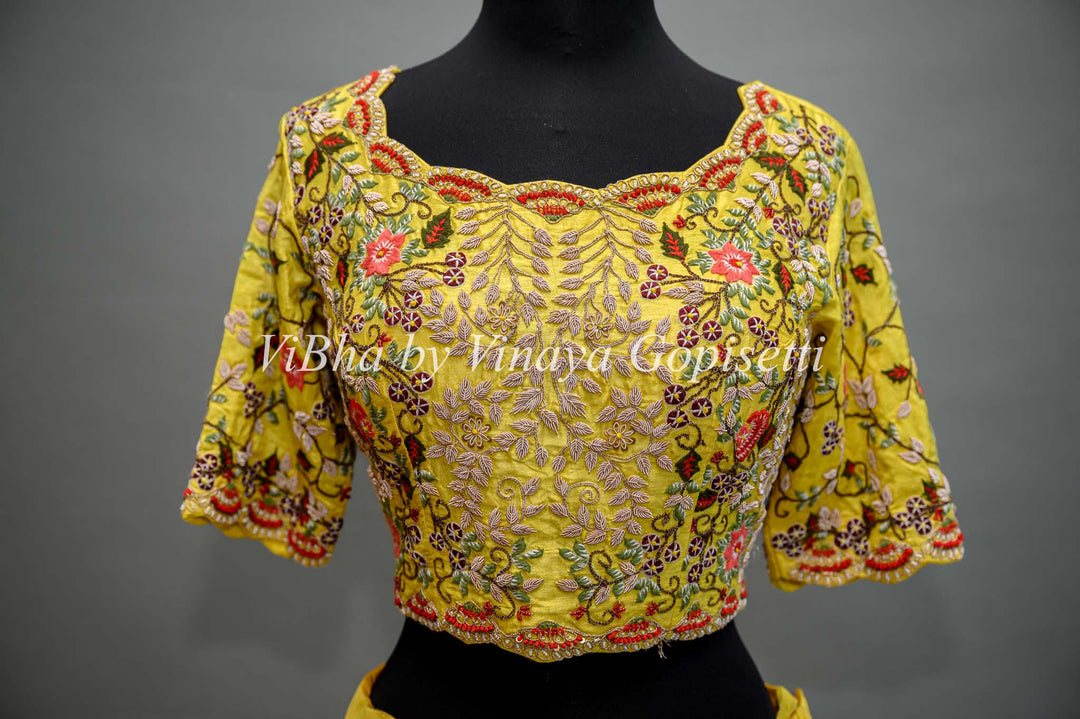 Yellow Lehenga with Embroidered Blouse and Detachable Draped Saree Dupatta