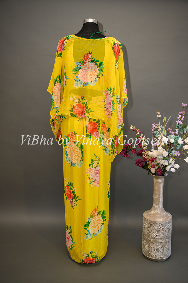 Yellow Floral Cowl Skirt with Cape and Frilled Stole