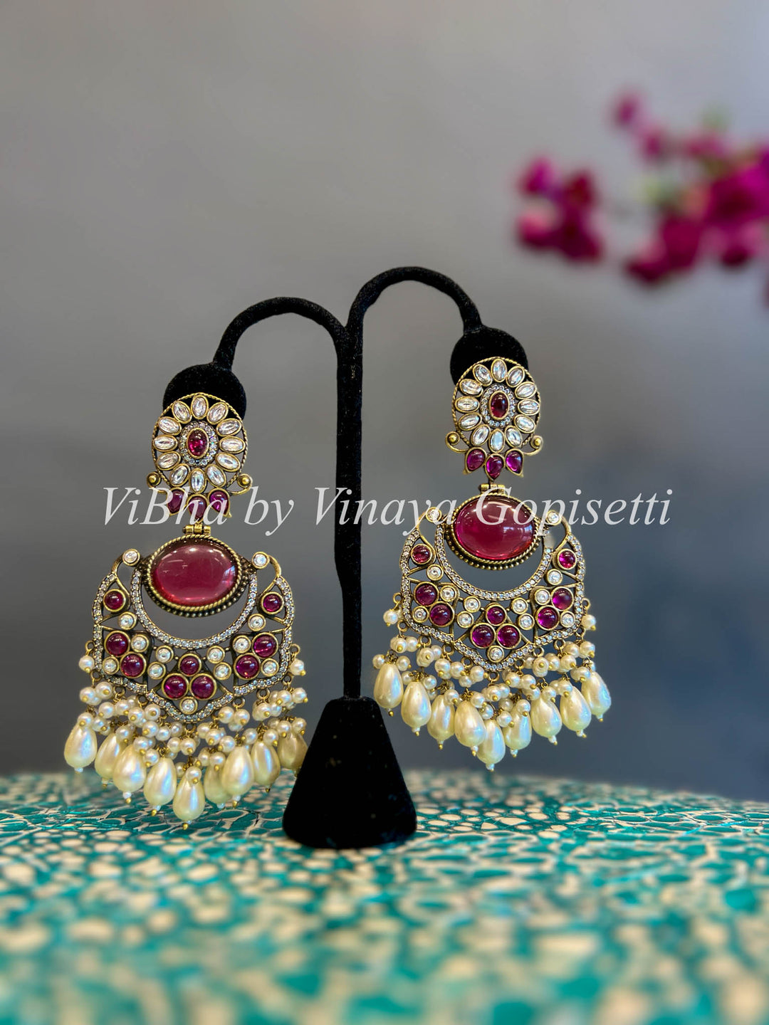 White Finish Ruby Beads And Pearls Chandbali Earrings