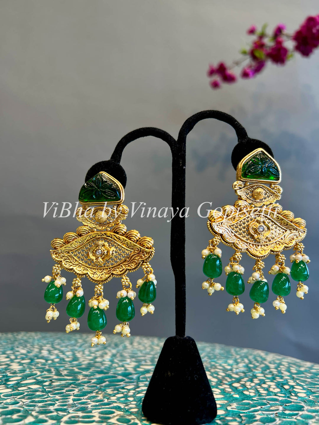 Gold Finish Emerald and Pearl Chandbali Earrings