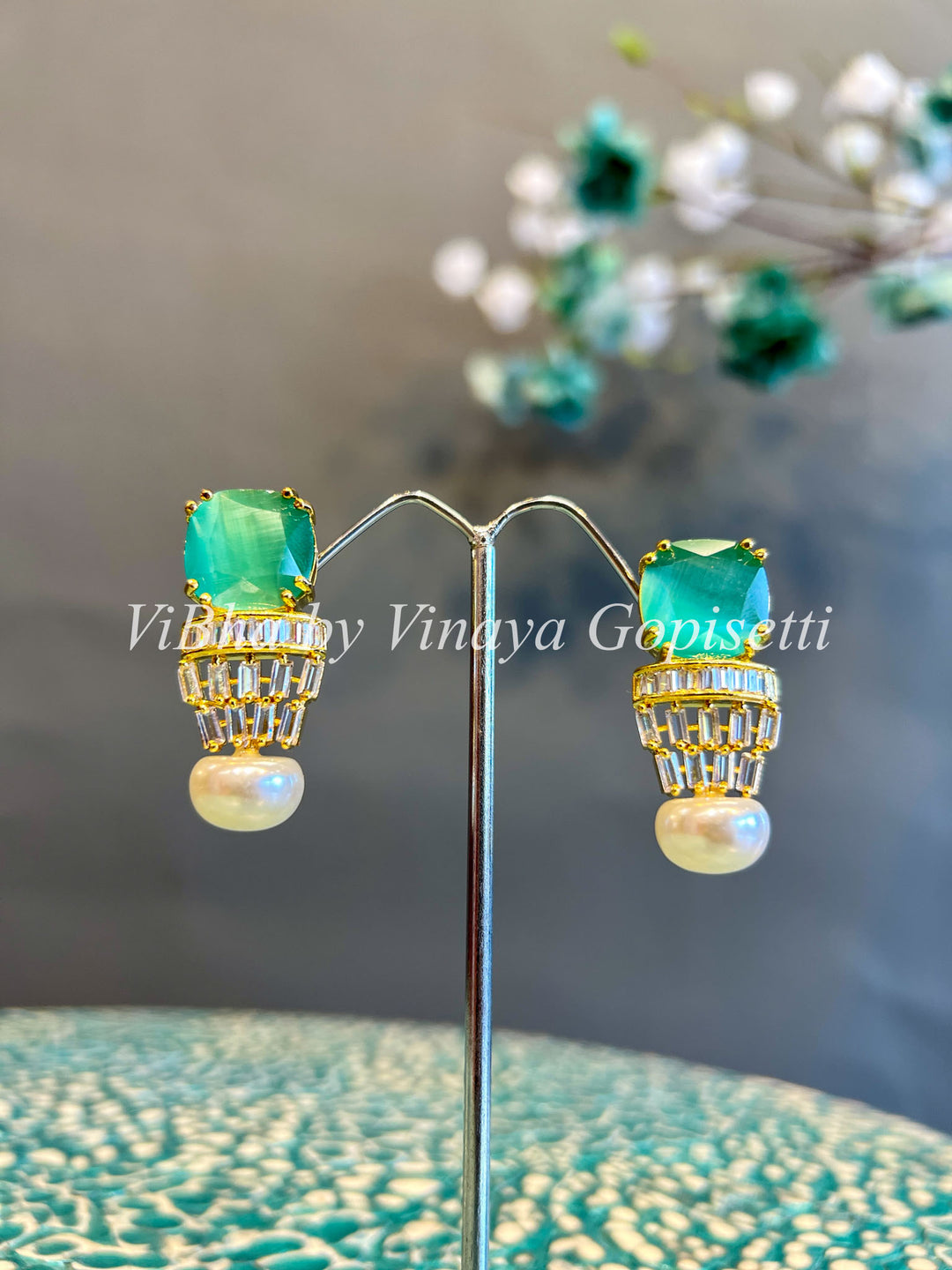Gold Finish Light Green And CZ Double Stone Stud Earrings With Pearl