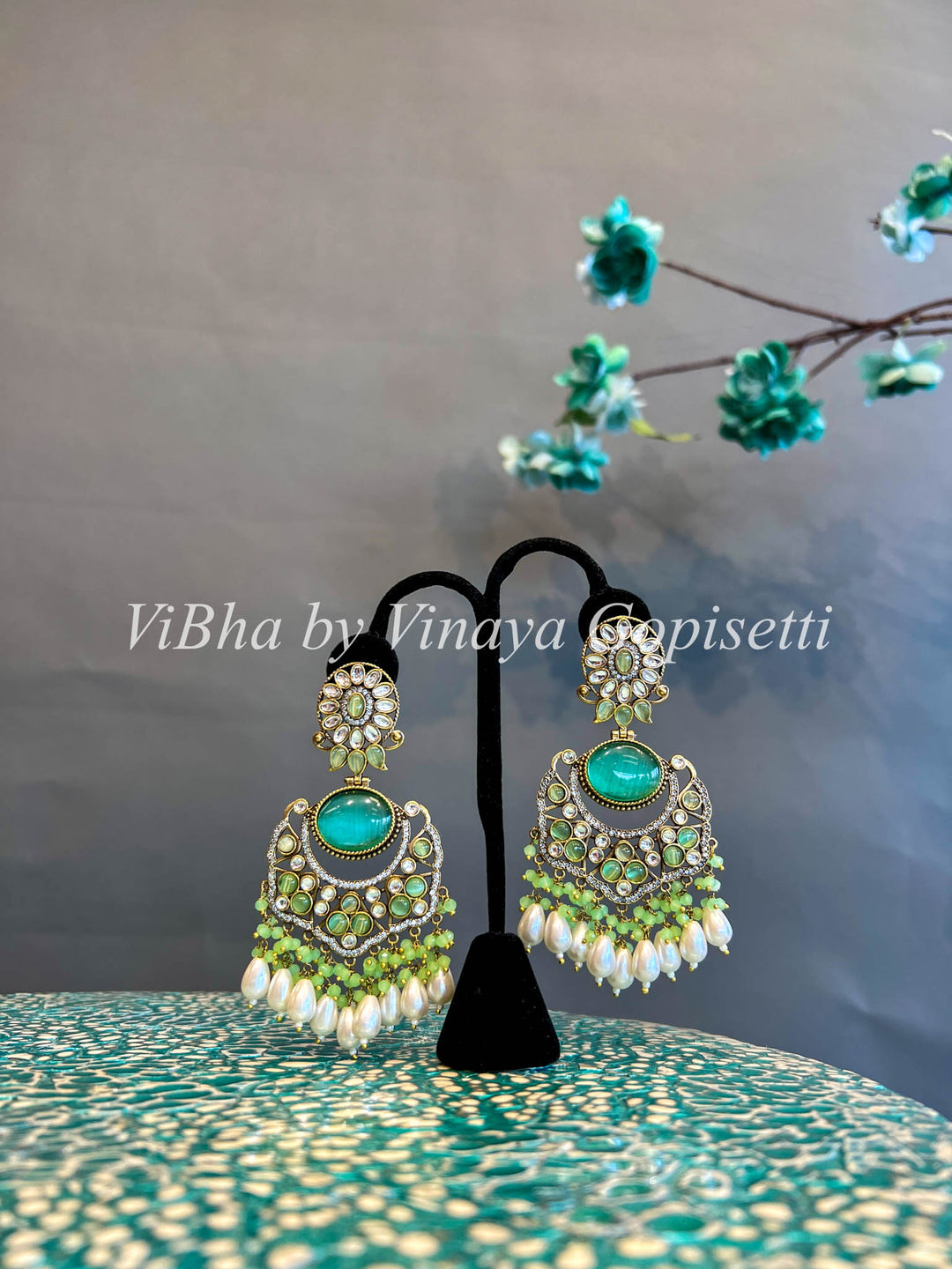 White Finish Green Beads And Pearls Chandbali Earrings