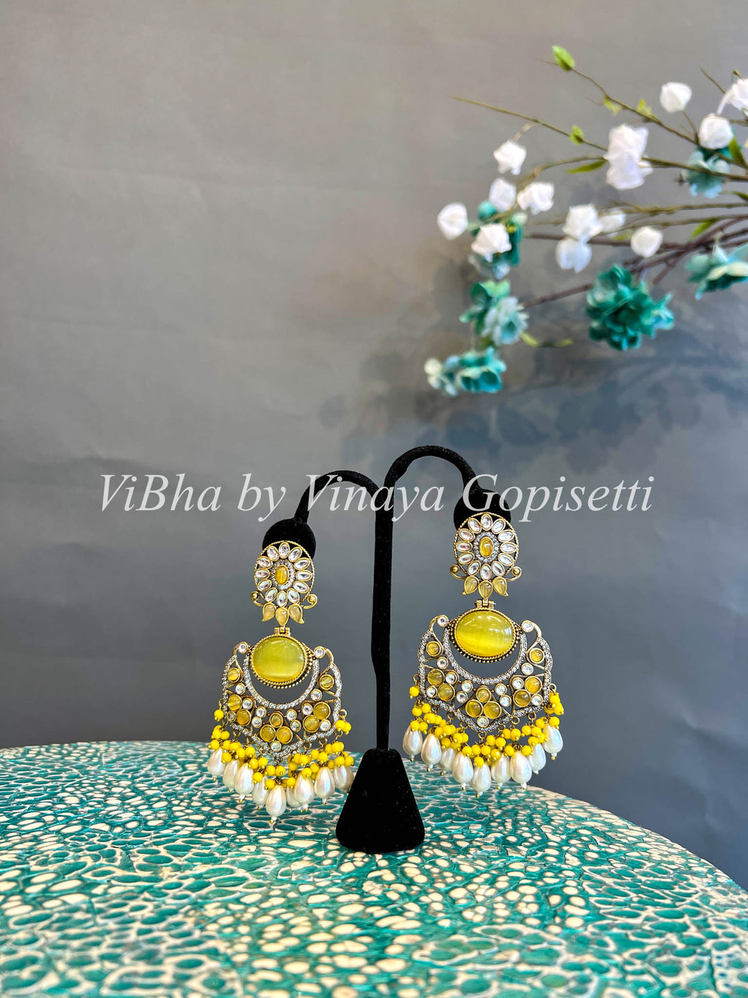 White Finish Yellow Beads And Pearls Chandbali Earrings