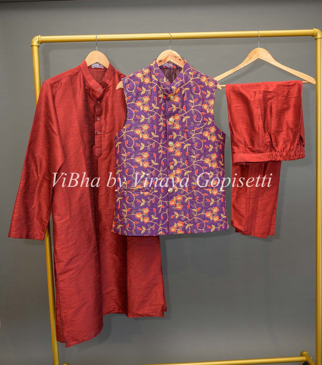 Maroon Kurta and Bottom With Purple Embroidered Vest