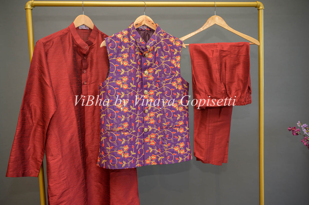 Maroon Kurta and Bottom With Purple Embroidered Vest