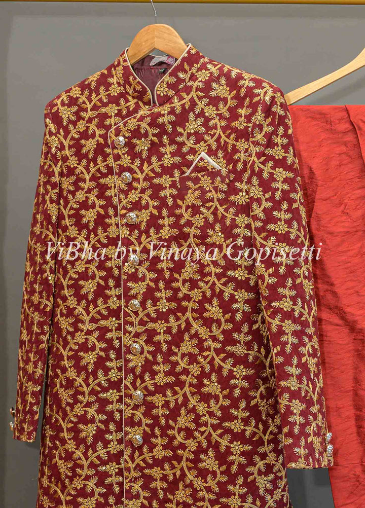 Maroon Embroidered Men Sherwani Set