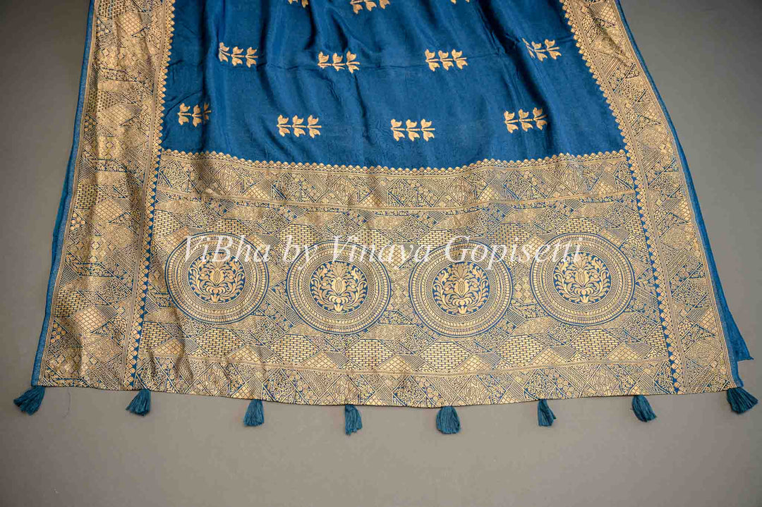 Teal Blue Banarasi Silk Saree And Blouse With Flower Motifs.