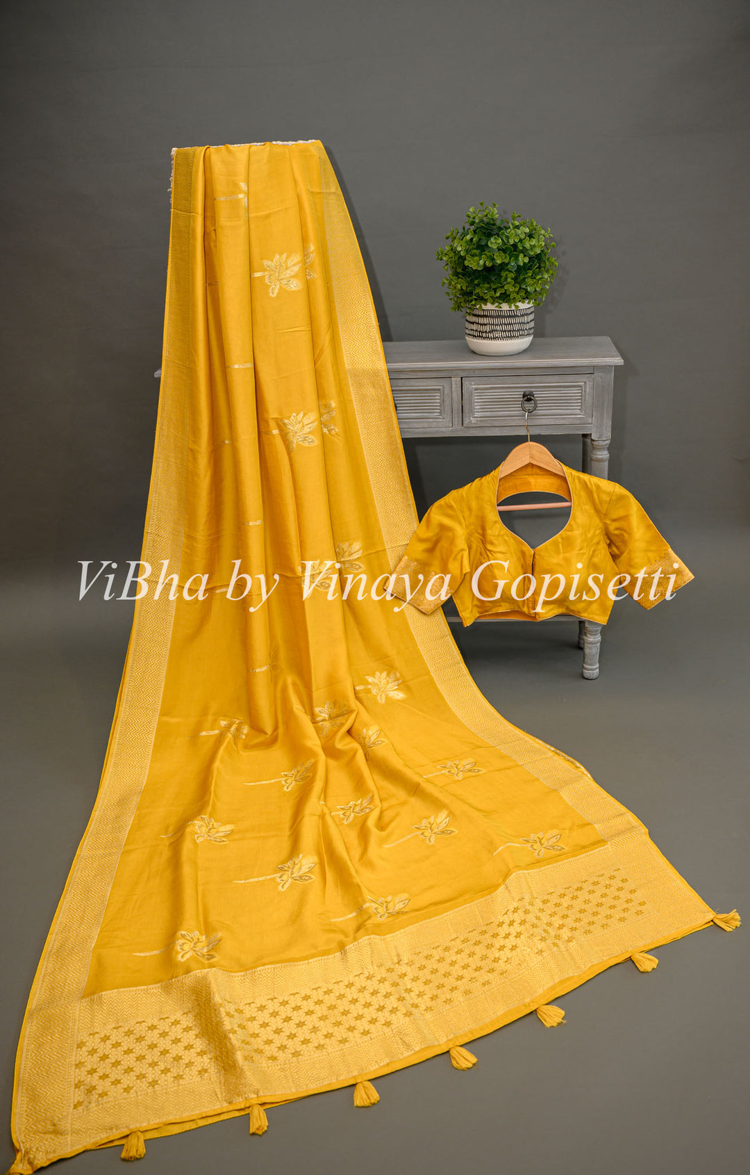 Mustard Yellow Benares Silk Saree With Flower Motifs
