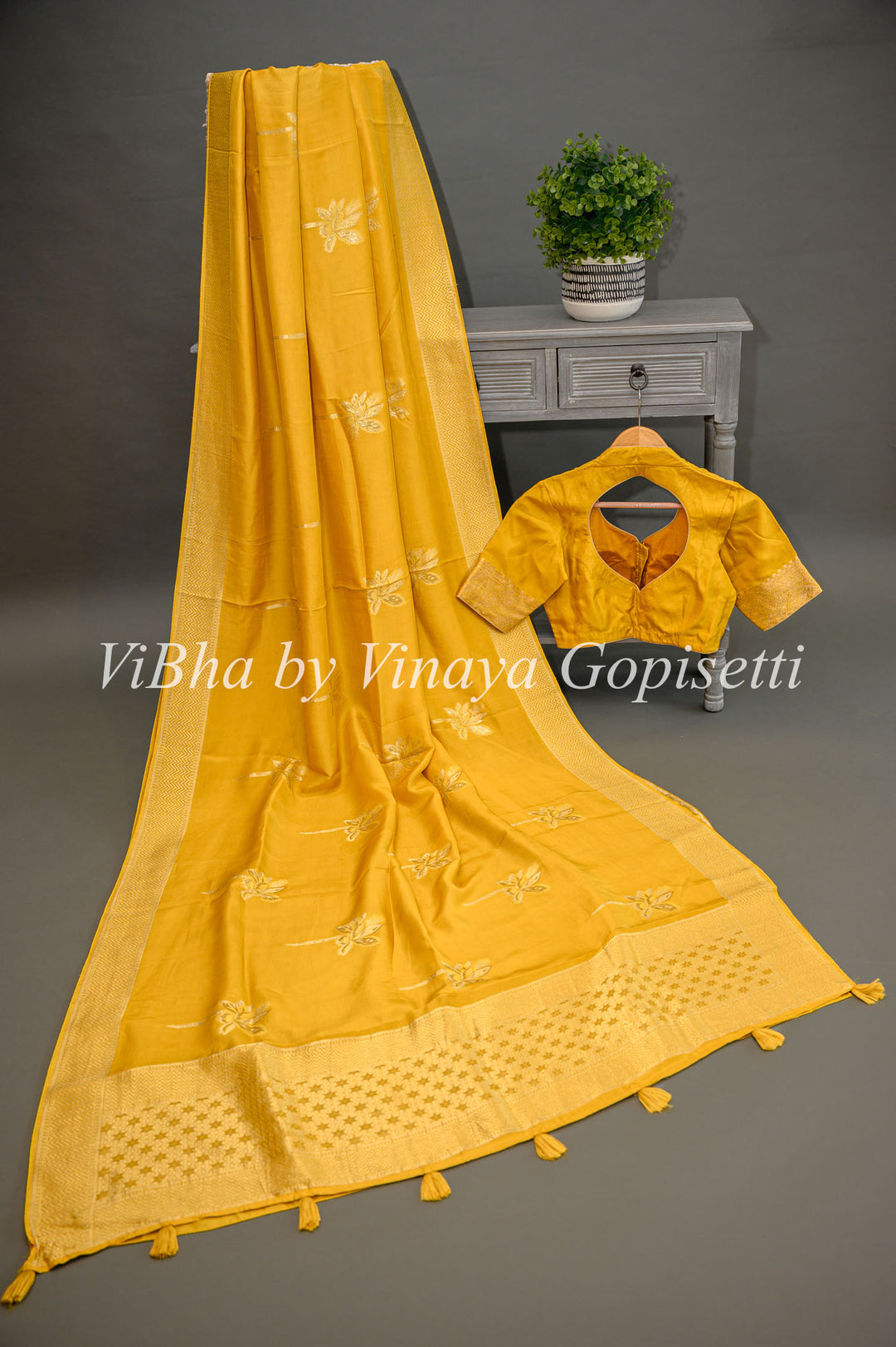 Mustard Yellow Benares Silk Saree With Flower Motifs