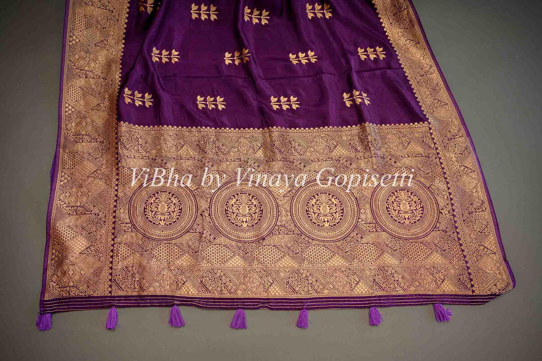 Purple Banarasi Silk Saree And Blouse With Flower Motifs.