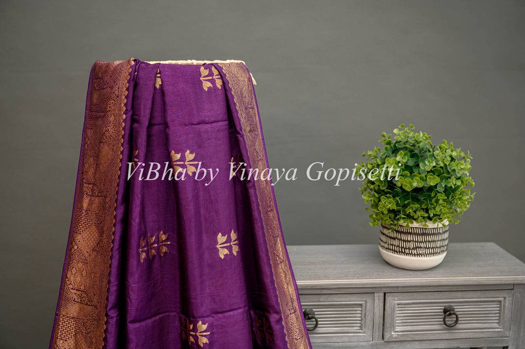Purple Benares Silk Saree And Blouse With Flower Motifs.