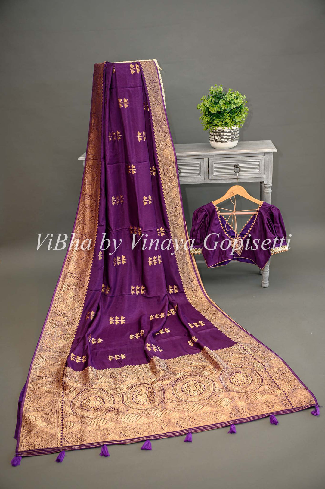 Purple Benares Silk Saree And Blouse With Flower Motifs.