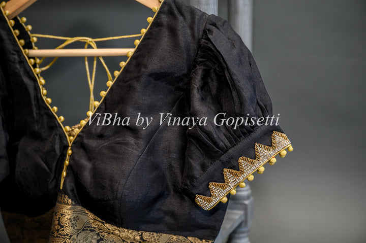 Black Banarasi Silk Saree And Blouse With Gold Zari Borders