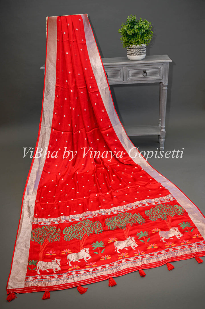 Red Benares Silk Saree With Pichwai Pallu and Blouse