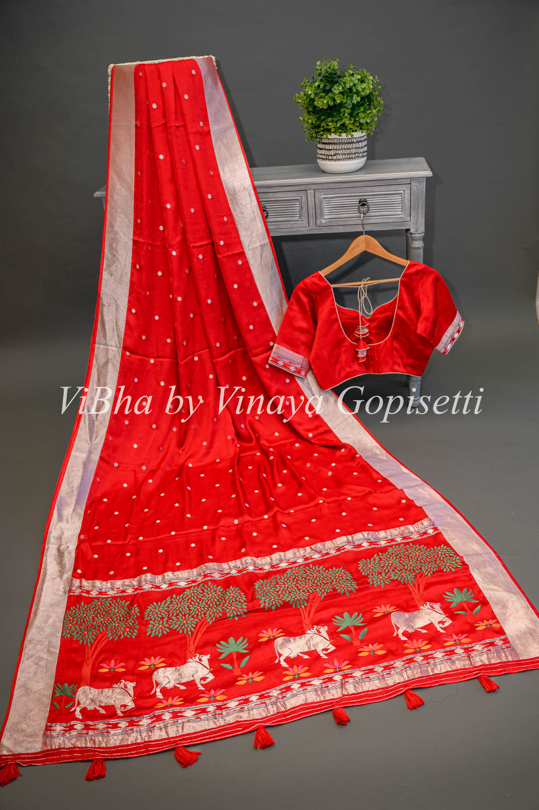 Red Banarasi Silk Saree With Pichwai Pallu and Blouse