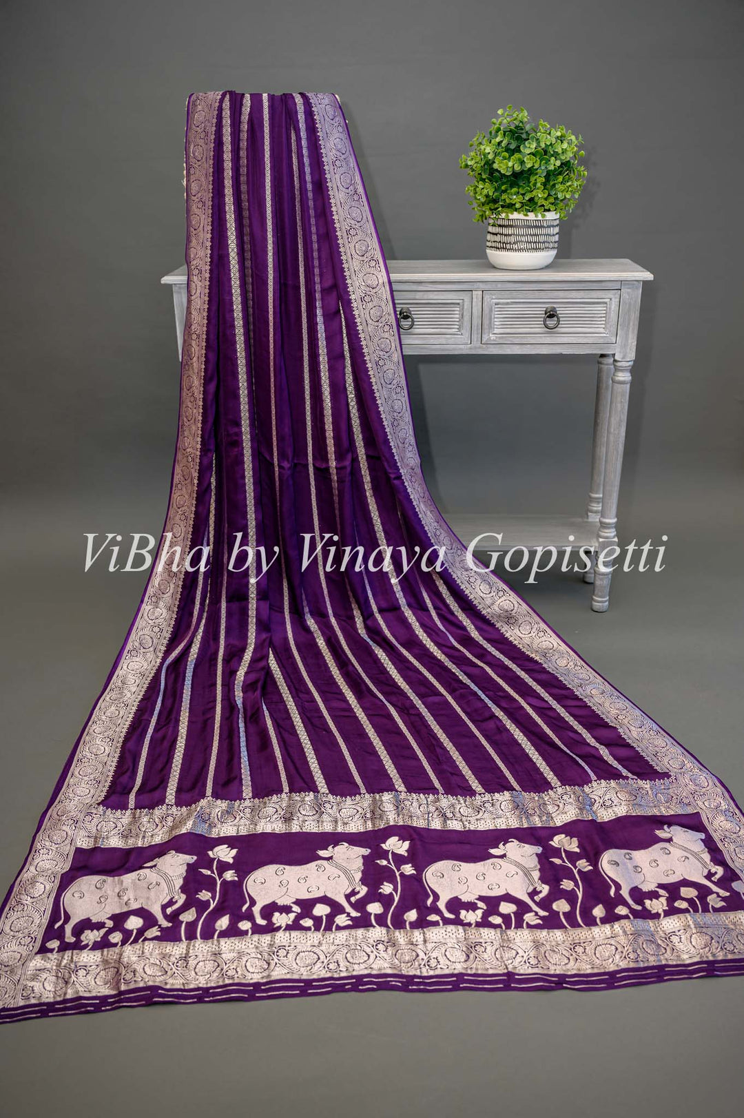 Purple Banarasi Silk Saree With Lines Zari And Pichwai Pallu With Blouse