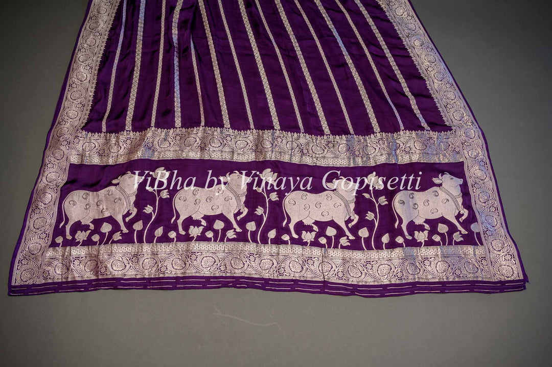 Purple Banarasi Silk Saree With Lines Zari And Pichwai Pallu With Blouse