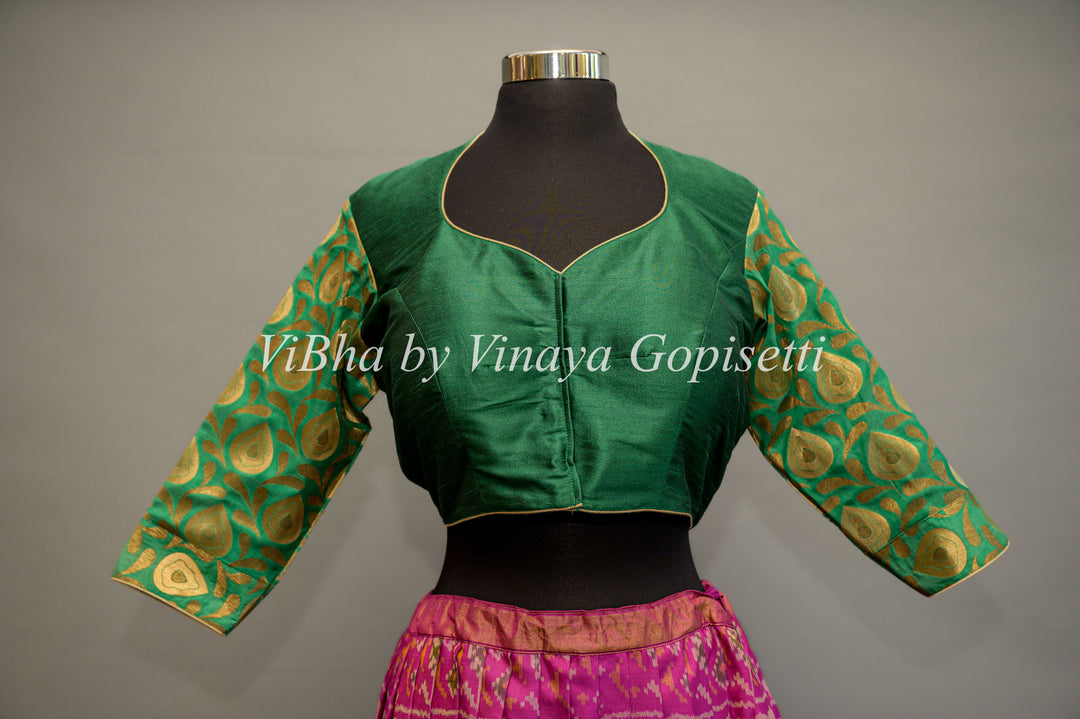 Green hand painted blouse with embroidery and benares brocade sleeves