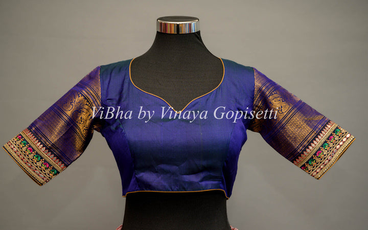 Royal Blue Gadwal Silk Blouse with embroidered sleeves and back.