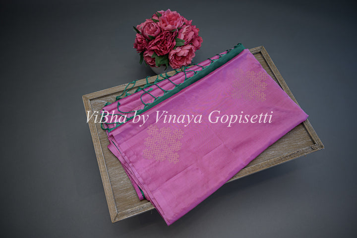 Onion Pink and Green Kanchi Soft Silk Saree and Blouse