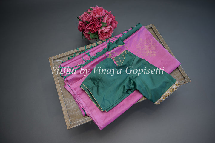 Onion Pink and Green Kanchi Soft Silk Saree and Blouse