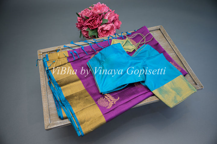 Purple and Blue Kanchi Soft Silk Saree and Blouse