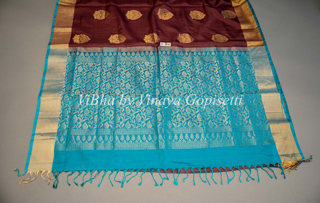 Brown and Blue Kanchi Soft Silk Saree and Blouse