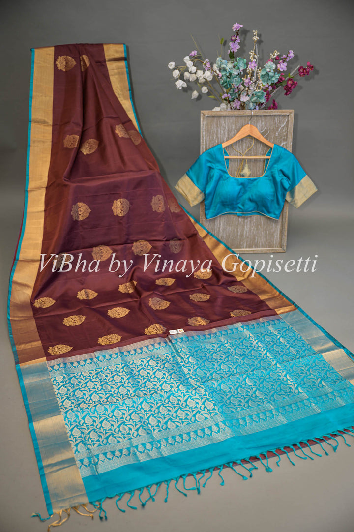 Brown and Blue Kanchi Soft Silk Saree and Blouse